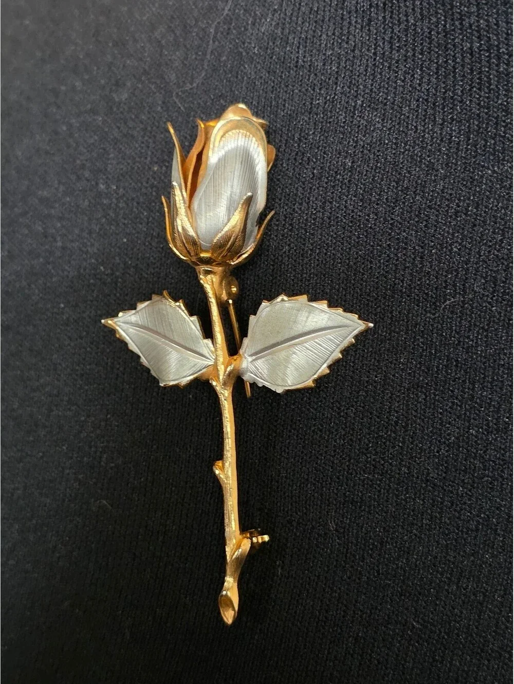 Vintage Two-Tone Gold & Silver Brushed Metal Rose Bud Pin Brooch